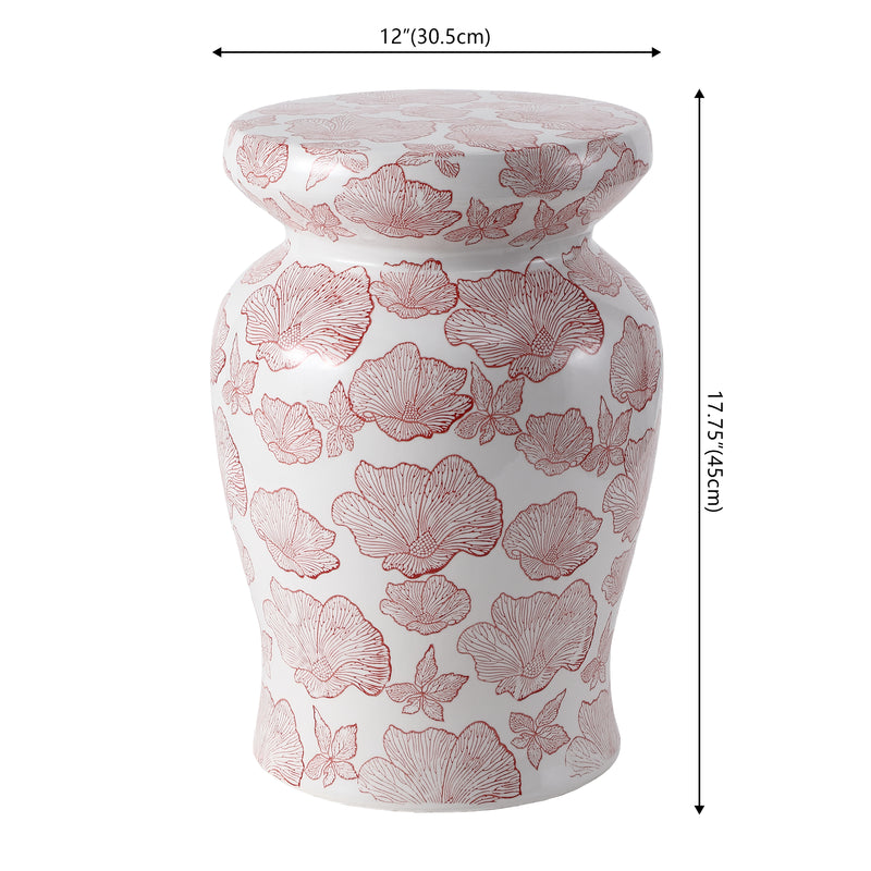 Poppies 17.8 in. Traditional Cottage Floral Ceramic Indoor/Outdoor Garden Stool and Accent Table - Red/White
