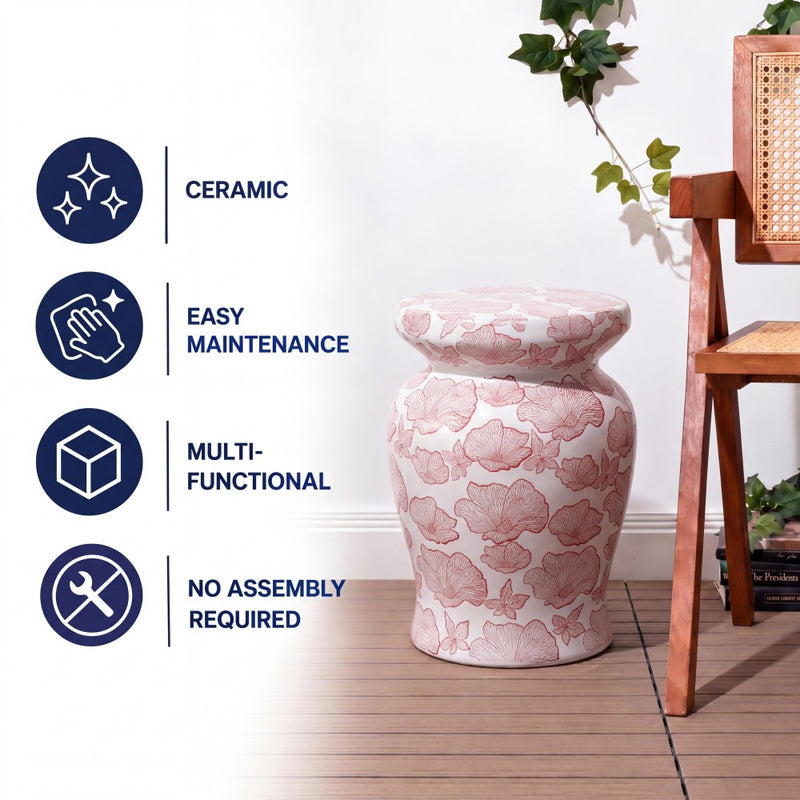 Poppies 17.8 in. Traditional Cottage Floral Ceramic Indoor/Outdoor Garden Stool and Accent Table - Red/White