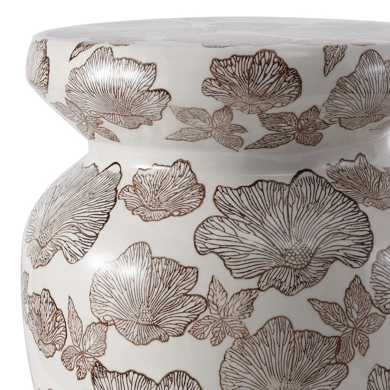 Poppies 17.8 in. Traditional Cottage Floral Ceramic Indoor/Outdoor Garden Stool and Accent Table - Brown/White