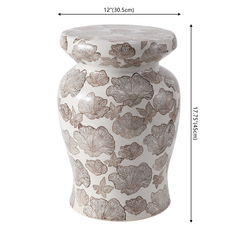Poppies 17.8 in. Traditional Cottage Floral Ceramic Indoor/Outdoor Garden Stool and Accent Table - Brown/White