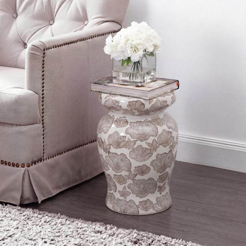 Poppies 17.8 in. Traditional Cottage Floral Ceramic Indoor/Outdoor Garden Stool and Accent Table - Brown/White