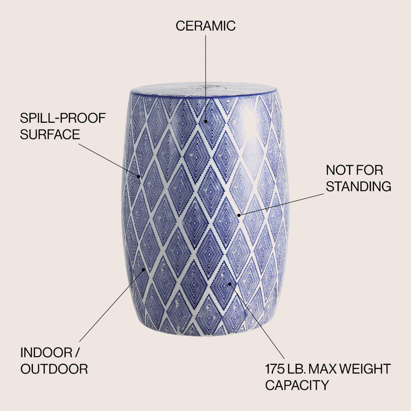 Moroccan Diamonds 18" Ceramic Drum Garden Stool - JONATHAN Y