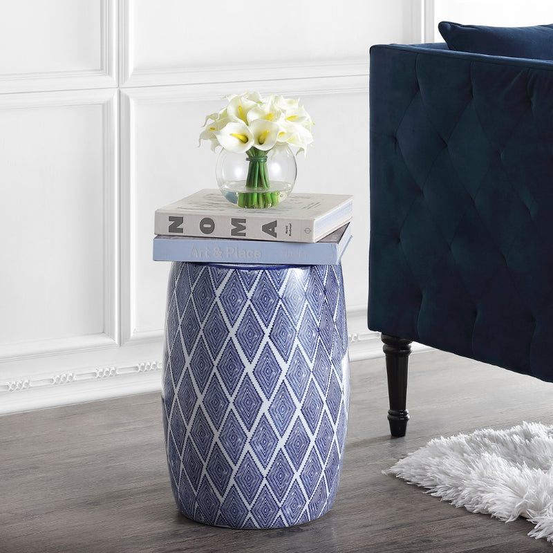 Moroccan Diamonds 18" Ceramic Drum Garden Stool - JONATHAN Y