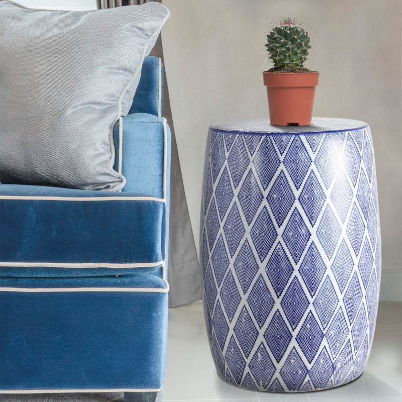 Moroccan Diamonds 18" Ceramic Drum Garden Stool - JONATHAN Y