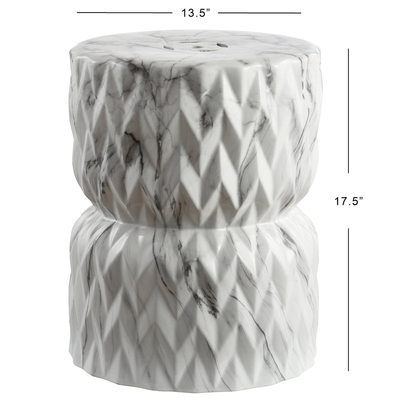 Chevron Drum 17.5" White Marble Finish Ceramic Garden Stool - JONATHAN Y