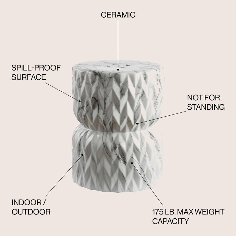 Chevron Drum 17.5" White Marble Finish Ceramic Garden Stool - JONATHAN Y