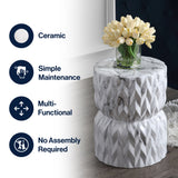 Chevron Drum 17.5" White Marble Finish Ceramic Garden Stool