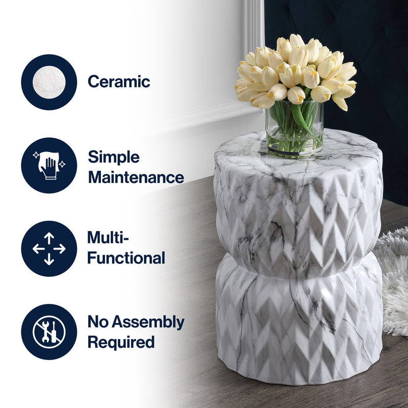 Chevron Drum 17.5" White Marble Finish Ceramic Garden Stool