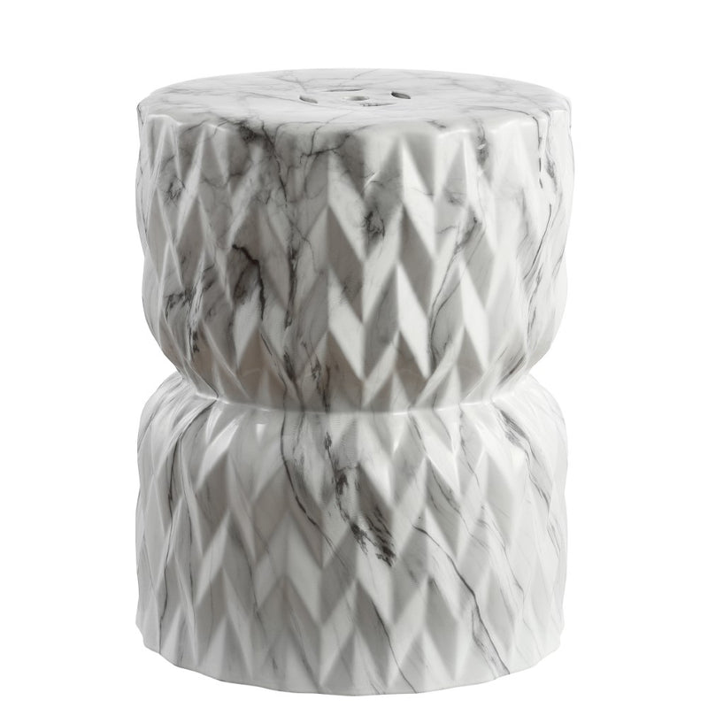 Chevron Drum 17.5" White Marble Finish Ceramic Garden Stool - JONATHAN Y