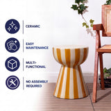 Gemma 17.3 in. Modern Coastal Striped Ceramic Indoor/Outdoor Garden Stool and Accent Table - Brown/Cream