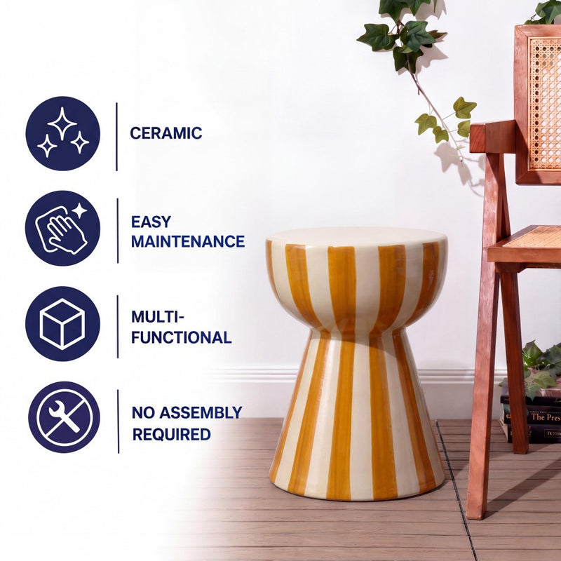Gemma 17.3 in. Modern Coastal Striped Ceramic Indoor/Outdoor Garden Stool and Accent Table - Brown/Cream