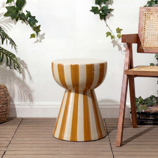 Gemma 17.3 in. Modern Coastal Striped Ceramic Indoor/Outdoor Garden Stool and Accent Table - Brown/Cream