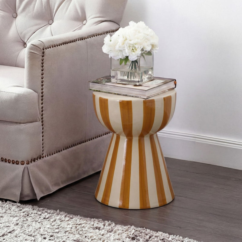 Gemma 17.3 in. Modern Coastal Striped Ceramic Indoor/Outdoor Garden Stool and Accent Table - Brown/Cream