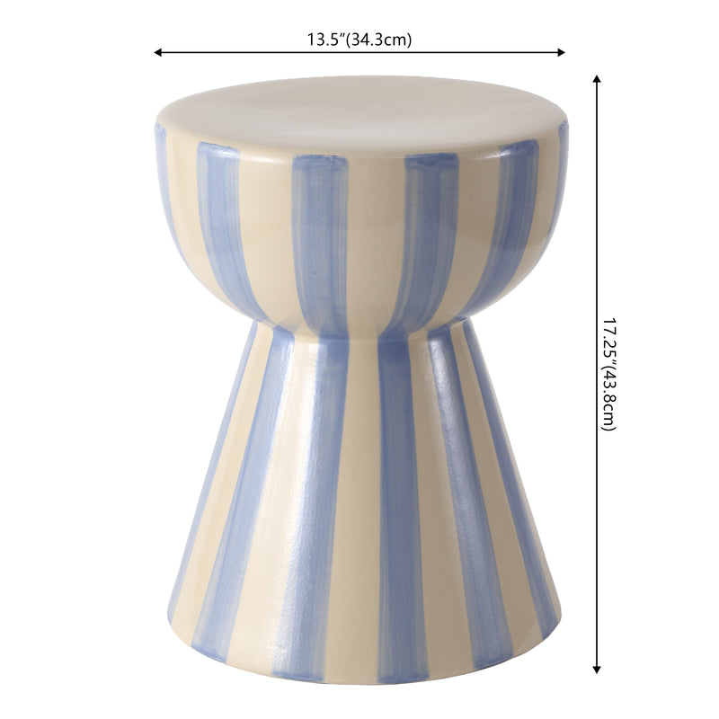Gemma 17.3 in. Modern Coastal Striped Ceramic Indoor/Outdoor Garden Stool and Accent Table - Blue/Cream