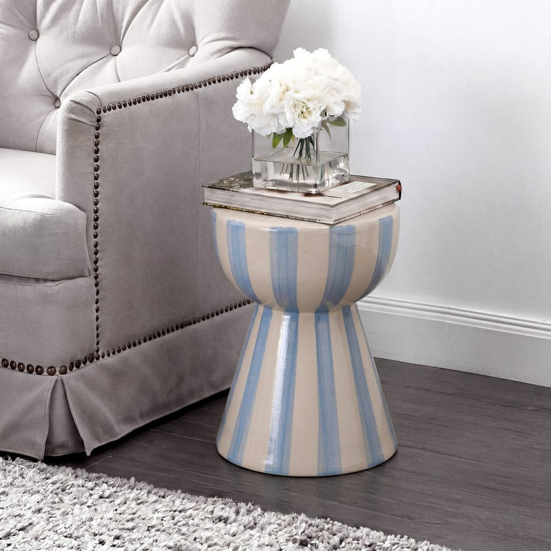 Gemma 17.3 in. Modern Coastal Striped Ceramic Indoor/Outdoor Garden Stool and Accent Table - Blue/Cream