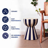 Gemma 17.3 in. Modern Coastal Striped Ceramic Indoor/Outdoor Garden Stool and Accent Table - Navy/Cream