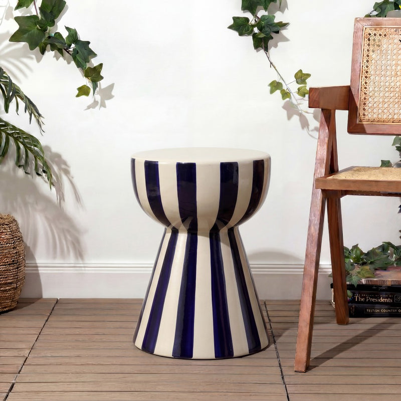 Gemma 17.3 in. Modern Coastal Striped Ceramic Indoor/Outdoor Garden Stool and Accent Table - Navy/Cream
