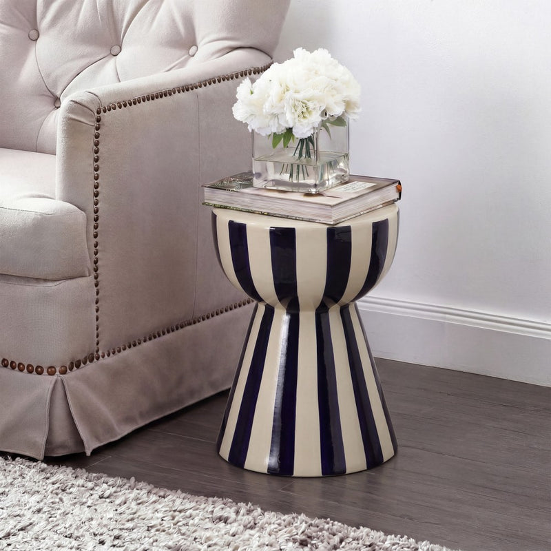 Gemma 17.3 in. Modern Coastal Striped Ceramic Indoor/Outdoor Garden Stool and Accent Table - Navy/Cream