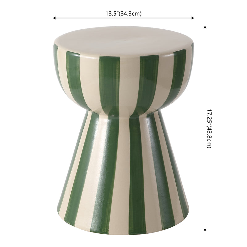 Gemma 17.3 in. Modern Coastal Striped Ceramic Indoor/Outdoor Garden Stool and Accent Table - Green/Cream