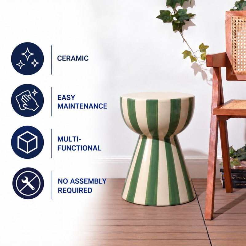 Gemma 17.3 in. Modern Coastal Striped Ceramic Indoor/Outdoor Garden Stool and Accent Table - Green/Cream