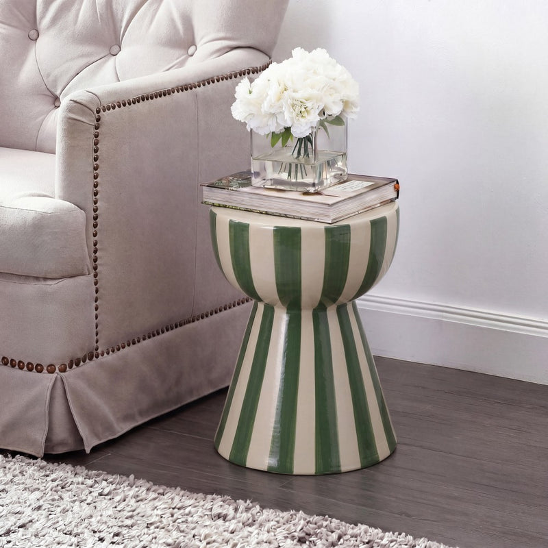 Gemma 17.3 in. Modern Coastal Striped Ceramic Indoor/Outdoor Garden Stool and Accent Table - Green/Cream