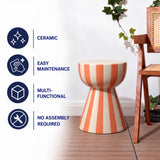 Gemma 17.3 in. Modern Coastal Striped Ceramic Indoor/Outdoor Garden Stool and Accent Table - Orange/Cream