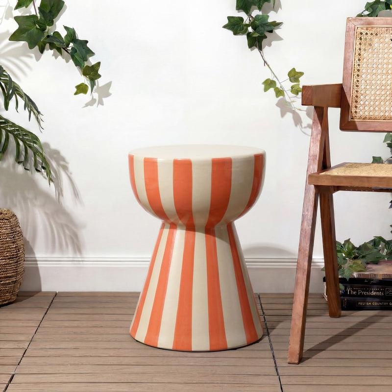 Gemma 17.3 in. Modern Coastal Striped Ceramic Indoor/Outdoor Garden Stool and Accent Table - Orange/Cream