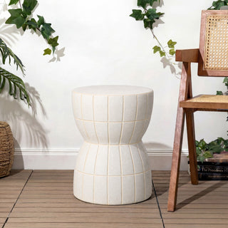 Otis 17.5 in. Modern Minimalist Grid Textured Hourglass Ceramic Indoor/Outdoor Garden Stool and Accent Table - Matte Cream