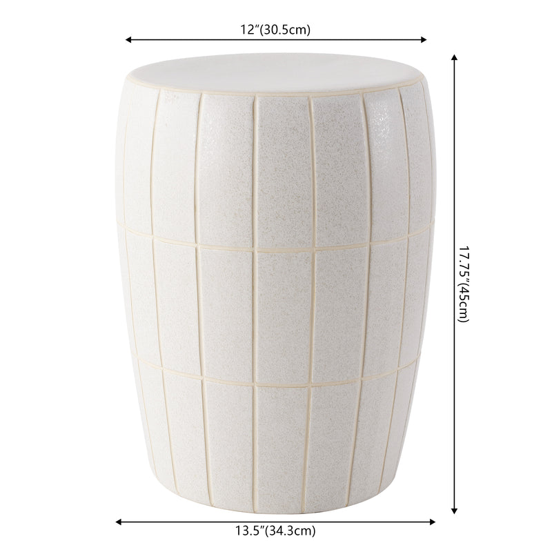 Owen 17.8 in. Modern Minimalist Grid Textured Barrel Ceramic Indoor/Outdoor Garden Stool and Accent Table - Matte Cream