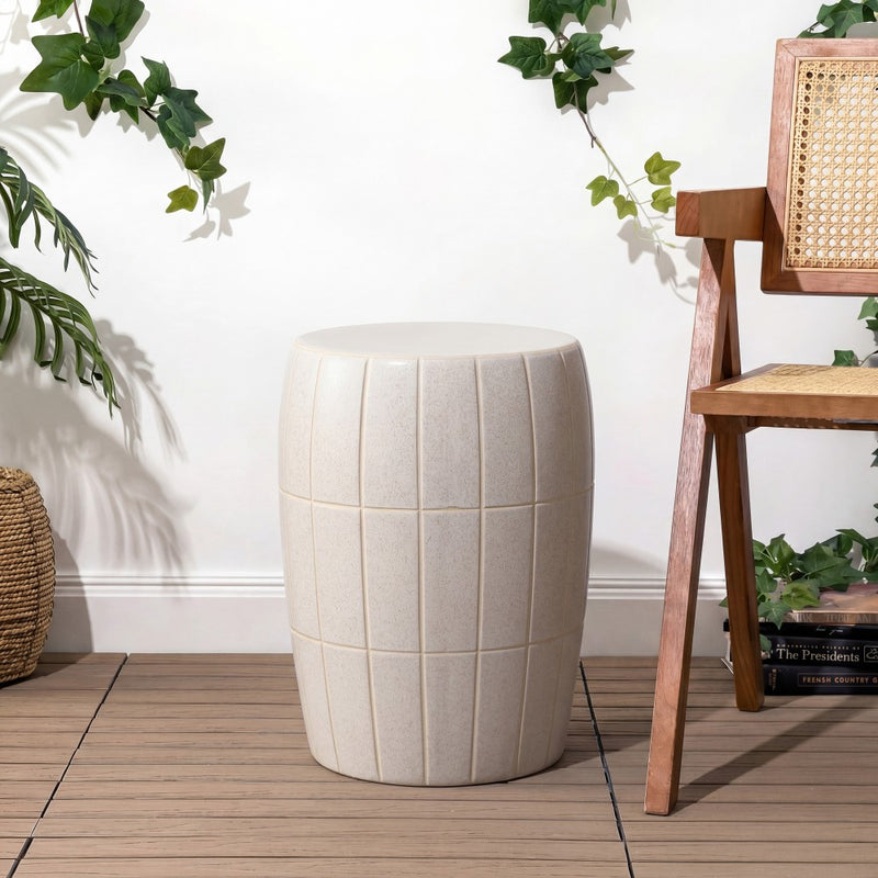 Owen 17.8 in. Modern Minimalist Grid Textured Barrel Ceramic Indoor/Outdoor Garden Stool and Accent Table - Matte Cream