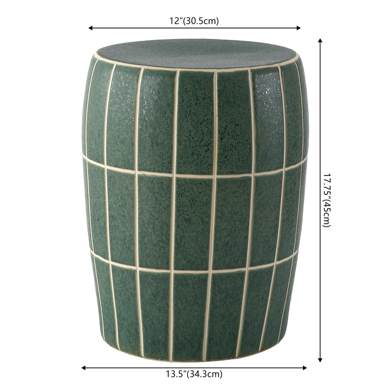 Owen 17.8 in. Modern Minimalist Grid Textured Barrel Ceramic Indoor/Outdoor Garden Stool and Accent Table - Matte Sage Green