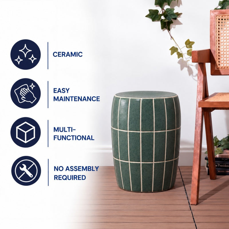 Owen 17.8 in. Modern Minimalist Grid Textured Barrel Ceramic Indoor/Outdoor Garden Stool and Accent Table - Matte Sage Green