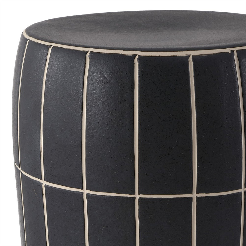 Owen 17.8 in. Modern Minimalist Grid Textured Barrel Ceramic Indoor/Outdoor Garden Stool and Accent Table - Matte Black