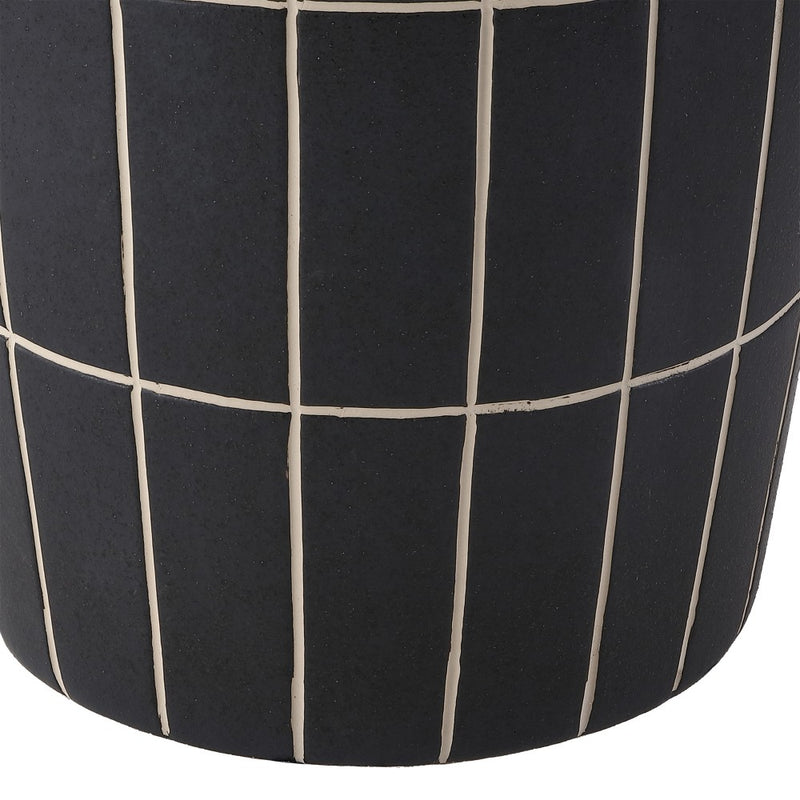 Owen 17.8 in. Modern Minimalist Grid Textured Barrel Ceramic Indoor/Outdoor Garden Stool and Accent Table - Matte Black