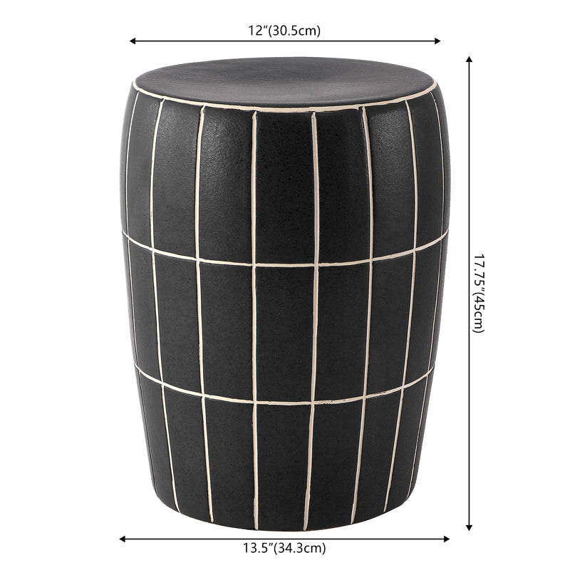 Owen 17.8 in. Modern Minimalist Grid Textured Barrel Ceramic Indoor/Outdoor Garden Stool and Accent Table - Matte Black