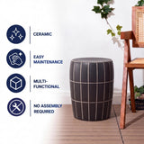 Owen 17.8 in. Modern Minimalist Grid Textured Barrel Ceramic Indoor/Outdoor Garden Stool and Accent Table - Matte Black
