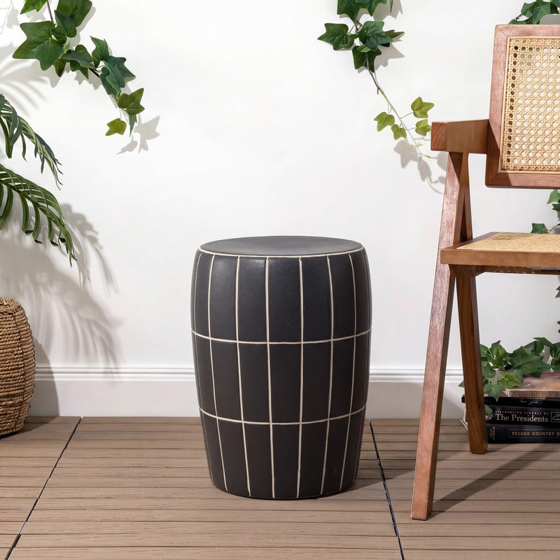 Owen 17.8 in. Modern Minimalist Grid Textured Barrel Ceramic Indoor/Outdoor Garden Stool and Accent Table - Matte Black