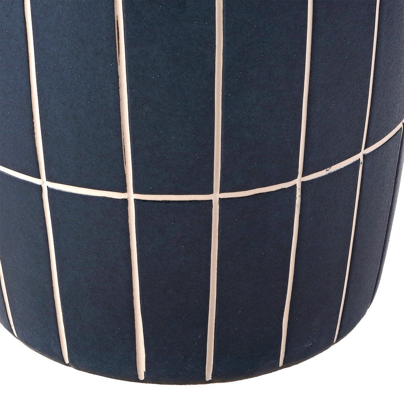 Owen 17.8 in. Modern Minimalist Grid Textured Barrel Ceramic Indoor/Outdoor Garden Stool and Accent Table - Matte Navy