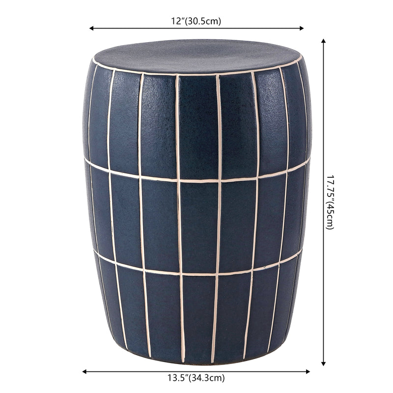 Owen 17.8 in. Modern Minimalist Grid Textured Barrel Ceramic Indoor/Outdoor Garden Stool and Accent Table - Matte Navy