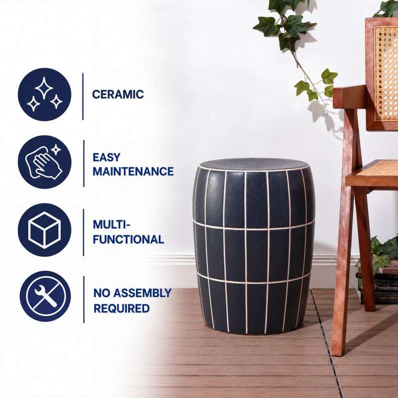 Owen 17.8 in. Modern Minimalist Grid Textured Barrel Ceramic Indoor/Outdoor Garden Stool and Accent Table - Matte Navy