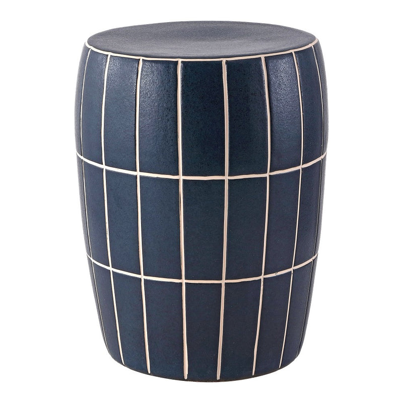 Owen 17.8 in. Modern Minimalist Grid Textured Barrel Ceramic Indoor/Outdoor Garden Stool and Accent Table - Matte Navy