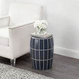 Owen 17.8 in. Modern Minimalist Grid Textured Barrel Ceramic Indoor/Outdoor Garden Stool and Accent Table - Matte Navy