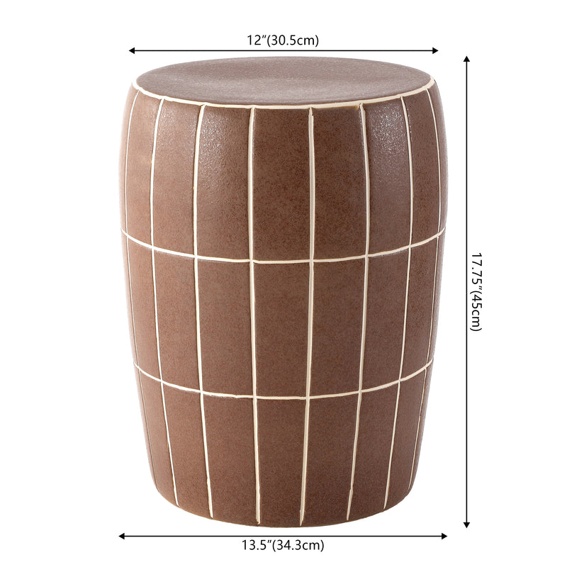 Owen 17.8 in. Modern Minimalist Grid Textured Barrel Ceramic Indoor/Outdoor Garden Stool and Accent Table - Matte Brown