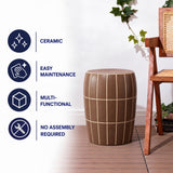 Owen 17.8 in. Modern Minimalist Grid Textured Barrel Ceramic Indoor/Outdoor Garden Stool and Accent Table - Matte Brown