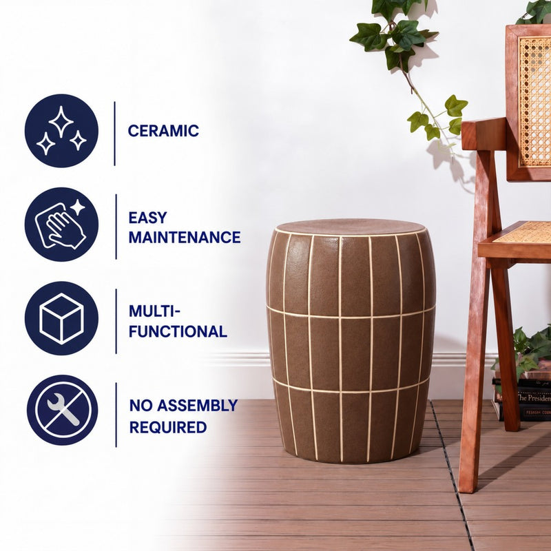Owen 17.8 in. Modern Minimalist Grid Textured Barrel Ceramic Indoor/Outdoor Garden Stool and Accent Table - Matte Brown