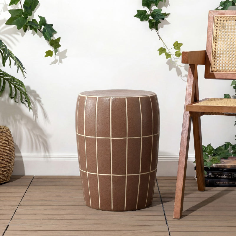 Owen 17.8 in. Modern Minimalist Grid Textured Barrel Ceramic Indoor/Outdoor Garden Stool and Accent Table - Matte Brown