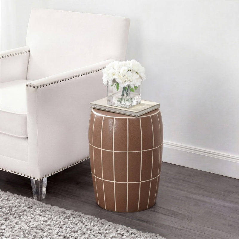Owen 17.8 in. Modern Minimalist Grid Textured Barrel Ceramic Indoor/Outdoor Garden Stool and Accent Table - Matte Brown