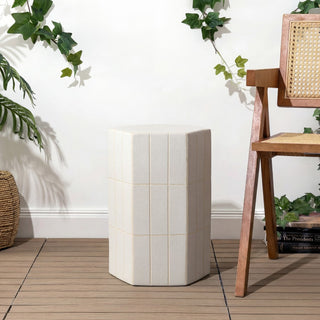 Marcus 21 in. Modern Minimalist Grid Textured Hexagon Ceramic Indoor/Outdoor Garden Stool and Accent Table - Matte Cream