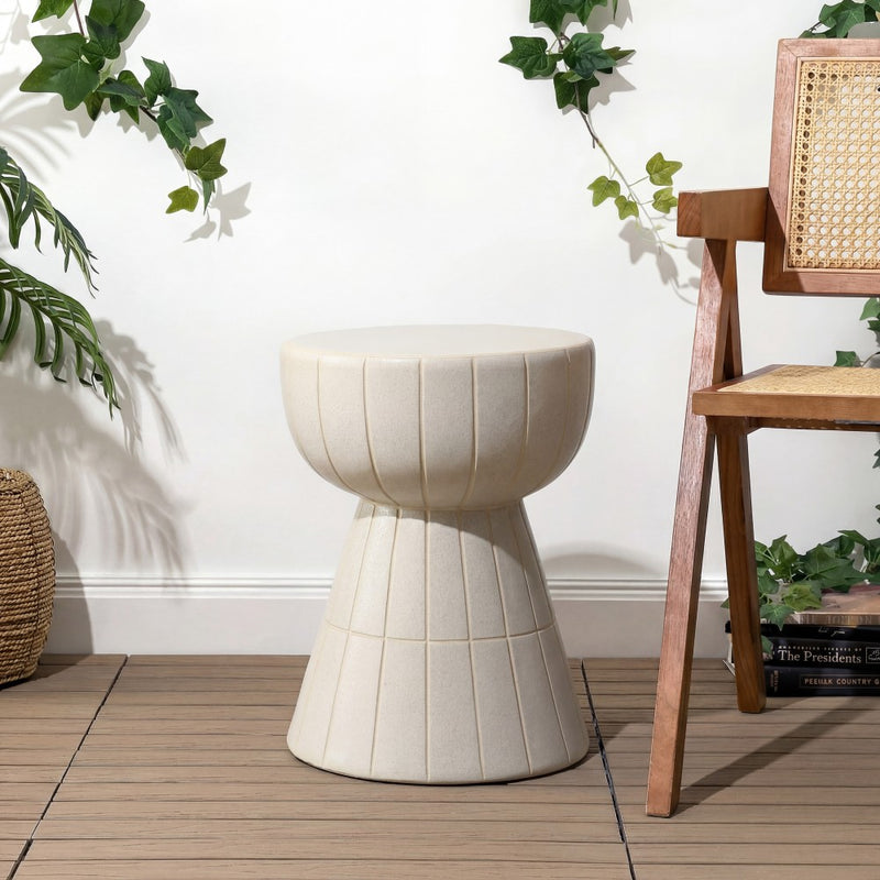 Clara 17.5 in. Modern Minimalist Grid Hourglass Ceramic Indoor/Outdoor Garden Stool and Accent Table - Matte Cream
