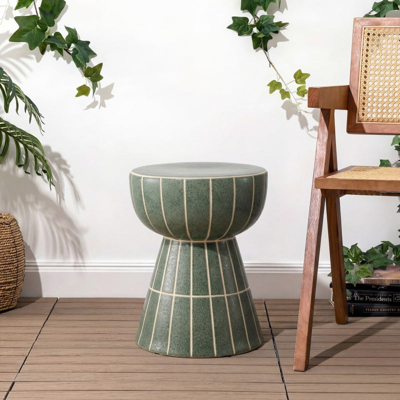 Clara 17.5 in. Modern Minimalist Grid Hourglass Ceramic Indoor/Outdoor Garden Stool and Accent Table - Matte Sage Green
